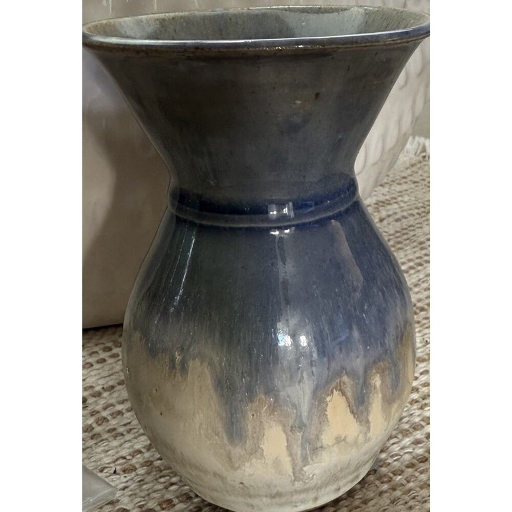 Signed Studio Pottery Blue Drip Glaze Vase 5.25” Cottage Farmhouse Primitive
